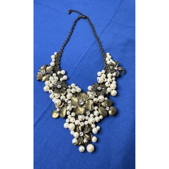 Floral Rhinestone Pearl Cluster Goth Gun Metal Bronze Chain Mail Bib Necklace - Picture 4 of 6